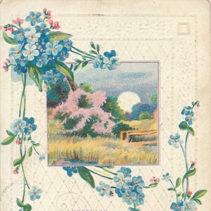 Beste Wünsche: Antike Blumen Geburtstag Gruß-Postkarte mit Mondszene, Anfang des 20.Jahrhunderts Sammlerstück