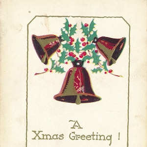 Natale: cartolina natalizia d'epoca con agrifoglio e campanellini, oggetto da collezione di inizio XX secolo