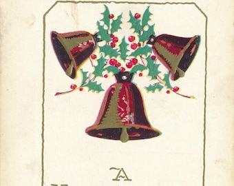 Carte postale de Noël vintage avec houx et cloches, objet de collection pour les fêtes du début du XXe siècle