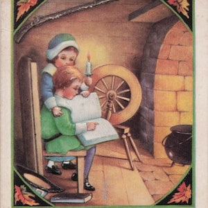 Ringraziamento: cartolina antica del Ringraziamento - Bambini che leggono a lume di candela - Whitney Made - Ringraziamento vintage in rilievo