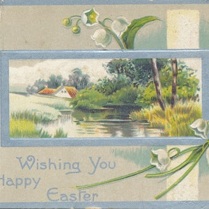 Pasqua: cartolina d'epoca "Auguri di buona Pasqua" con mughetto, inizio Novecento