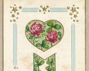 Birthday: 1911 Antique Birthday Greetings Postcard with Clover and Floral Heart Design, Postmarked Ephemera, Collector's Item