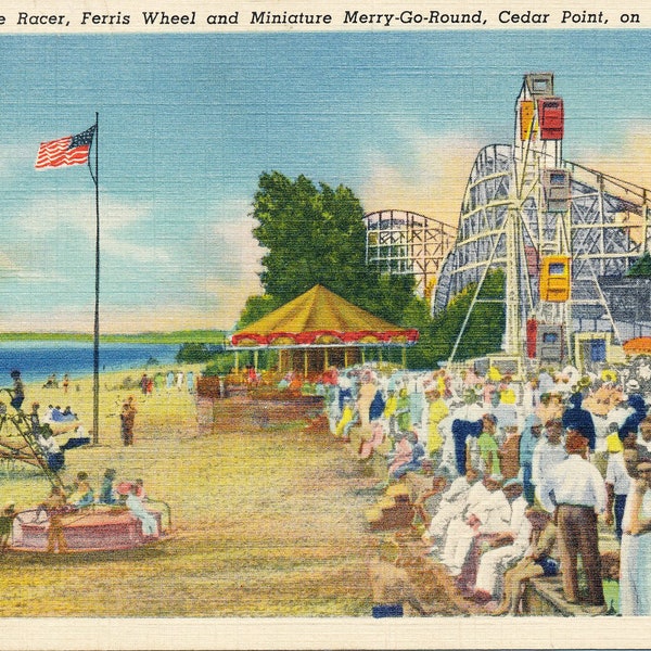 Ohio: DIGITAL Library Vintage Postcard of Cyclone Racer, Ferris Wheel and Mini Merry Go Round at Cedar Point on Lake Erie, Ohio circa 1940.