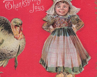 Antique Thanksgiving Postcard: Embossed Turkey and Girl, 1911