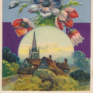 Pasen: antieke paaskaart begin 1900. Serene Country Church en Tall Steeple verwelkomen de paaszonsopgang met prachtige luchten en rozen.