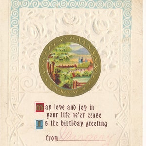 Geburtstag: Antike bezaubernde Geburtstagsgruß-Postkarte ""May Love and Joy"" c. Jahrhundert - geprägt, Edwardian Era Sammlerstück