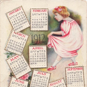 Capodanno: cartolina calendario vintage 1912 - squisito design colorato con motivo a rosa e calendari mensili