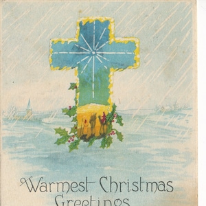 Weihnachten: Antike frohe Weihnachten Postkarte mit blauem Kreuz mit gelben Akzenten und den heiligen drei Königen, Circa 1925.