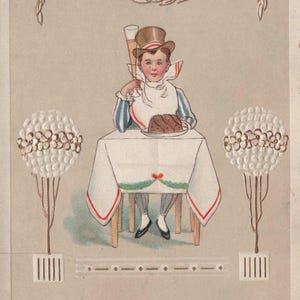 Ein Erfolgreiches Neues Jahr! Antike Prägekarte aus den 1910er Jahren  Junge mit Zylinder und Pudding – In Deutschland gedruckt