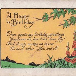 Charmante Carte Postale d'Anniversaire Antique de 1919 - Poème Sentimental, Roses Trémières et Cadran Solaire, Oblitérée en Iowa
