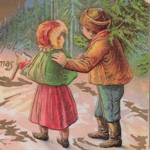 Natale: Antica cartolina di Natale in rilievo – "Un Natale gioioso" – Bambini che portano a casa un albero di Natale – Primi anni del 1900