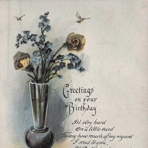 Geburtstag: Antike 1915 Geburtstags-Postkarte – “Loving Gedanken” mit Roten & Gelben Rosen in Vase – Serie 47 A, Poststempel Waltham, Maine
