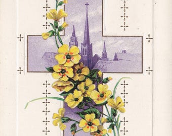 Antike 1910er Jahre geprägte Osterpostkarte: Gelbe Blumen & Kirche