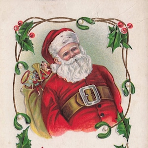 Carte postale ancienne de Noël – Joyeux Noël avec Père Noël et jouets (1916)