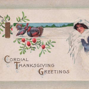 Ação de Graças: Cartão postal antigo de Ação de Graças - "Cordial Thanksgiving Greetings" - Elegant Lady & Turkeys - Ephemera vintage em relevo