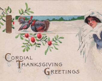 Antique Thanksgiving Postcard: Embossed Lady, Turkeys, Vintage Ephemera