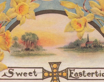 Antique "Sweet Eastertide" Postcard with Daffodils and Scenic Landscape – 1911 Postmarked Easter Card