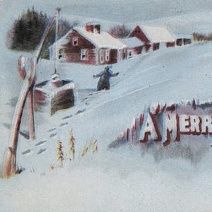 Natale: Antica cartolina di Natale – "Un Buon Natale a te" – Scena di fattoria invernale – Biglietto di auguri natalizi in rilievo degli anni '900