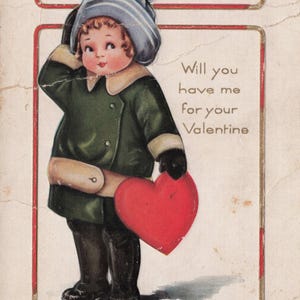 Veux-tu être mon Valentin ? » – Carte postale ancienne Whitney avec enfant et cœur rouge