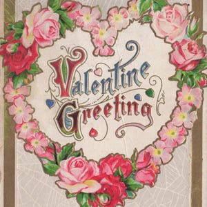 Salutations de Saint-Valentin » – Carte postale ancienne avec cœur floral embossé (début 1900s)