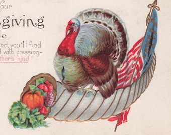 Antique Thanksgiving Postcard - Turkey and Cornucopia - 1916