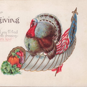 Acción de Gracias: Postal antigua de Acción de Gracias - Pavo y Cornucopia - 1916