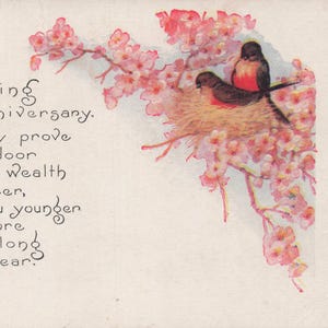 Anniversaire : carte postale antique de voeux d'anniversaire - Jolies hirondelles dans un nid fleuri, un souvenir vintage parfait !