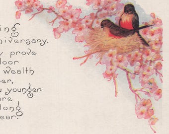 Anniversary: Antique Anniversary Greetings Postcard – Sweet Swallows in a Blooming Nest, A Perfect Vintage Keepsake!