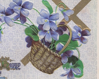 Eine helle und fröhliche Osterpostkarte - Geprägtes Blumenkorb-Design (um 1910)