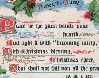 Antique 1907 Christmas Postcard: Holly & Ribbon, W.M.L. Jay Verse