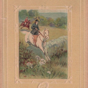 Meilleurs voeux : carte postale d'équitation ancienne de 1912 – Verset motivant « Surmonter le mur » – Cavalier équestre et scène de chasse au renard
