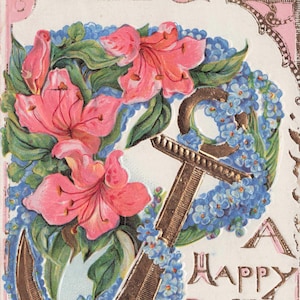 Geburtstag: Antike Geburtstagspostkarte – goldener Anker mit rosa Azaleen & blauen Vergissmeinnicht – Made in Germany – maritimes Blumenmuster