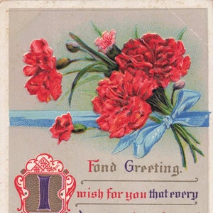 Acción de Gracias: postal antigua con claveles rojos y mensaje de Acción de Gracias: tarjeta de felicitación antigua en relieve, coleccionable sentimental