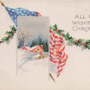Natale: Antica cartolina di Natale – “Tutti i migliori auguri per Natale” – Scena festiva vintage con bandiera americana e agrifoglio (primi anni del 1900)