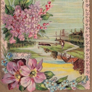 Geburtstag: Vintage 1908 Geprägte Geburtstagspostkarte - Flieder, Blumenmuster, und Landschaftsszene