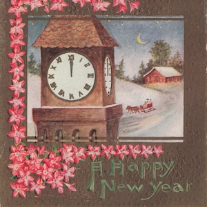 Nouvel An : carte postale vintage « Happy New Year » avec une scène de tour d'horloge et de traîneau, vers le début des années 1900