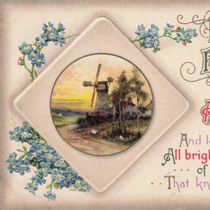 Carte postale antique de 1910 - "Best Birthday Wishes" - Carte d'anniversaire embossée avec moulin à vent