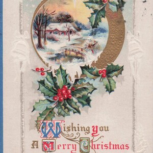 Carte postale ancienne de Noël – “Joyeux Noël” avec chalet enneigé et houx