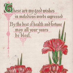 Liebe Grüße: Lebendige 1916 Geburtstagspostkarte mit roten Nelken – “These Are My Good Wishes” – antike Blumengruß-Grußkarte von E. Nash