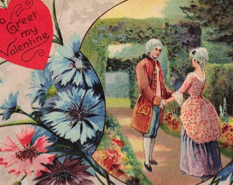 Antique "To Greet My Valentine" Postcard – Romantic Colonial Couple, Blue Flowers & Red Hearts