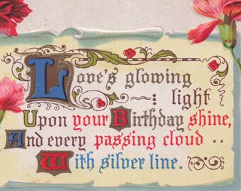 Cartolina di compleanno antica – “Luce splendente dell’amore” con garofani rossi e rosa – Serie 101 C