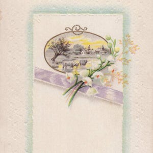 Geburtstag: Antike 1915 Stecher Qualitäts Postkarte - 'Your Happiness My Wish' mit Ländliche Szene und Maiglöckchen Präge Design Design