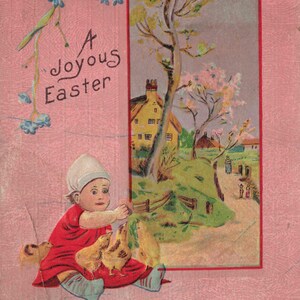 Felices Pascuas! Tarjeta postal antigua de 1910 con bebé, pollitos y flores primaverales
