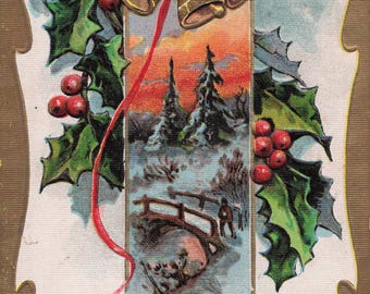 Antique Christmas Postcard – Holly, Bells, Snowy Winter Scene, 1908 Correspondence