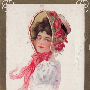 San Valentino: Cartolina romantica del 1909 – “Un libro di versi...” Citazione di Omar Khayyam – Signora edoardiana con cuffia di rose
