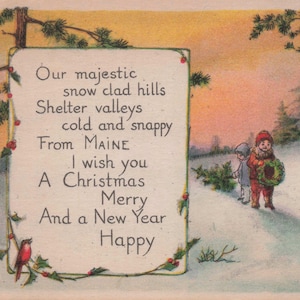 Antike Weihnachtskarte – "Winterwunderland Maine" – Vintage Grußkarte 1910er Jahre