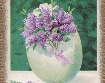 Carte postale de Pâques ancienne en relief avec lilas violets et oeuf vert - Cachet de la poste 1911