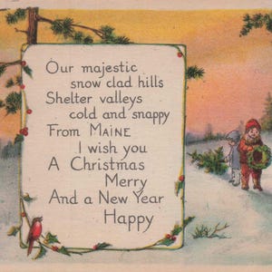 Carte Postale Ancienne de Noël – Paysage Enneigé du Maine & Poème Festif