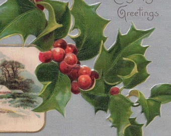 Antique Christmas Postcard – Embossed Holly & Winter Scene – Early 1900s Vintage Greetings