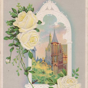 Pascua: Postal antigua "Saludos de Pascua" Rosas románticas y encanto gótico